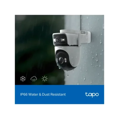 4 Cámara Tapo C545D instalada en exterior rastreando movimiento 360 grados y enviando alertas inteligentes.