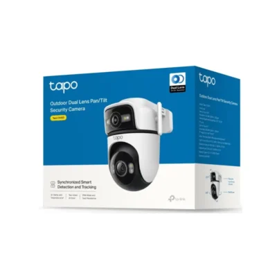 5 Empaque de la cámara de seguridad WiFi Tapo C545D vista frontal mostrando su doble lente 2K y diseño motorizado para exteriores.