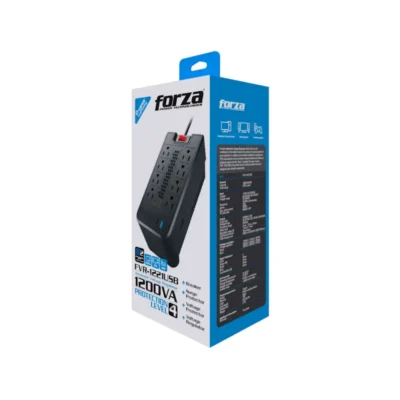 Caja del regulador de voltaje automático Forza FVR-1221USB 1200VA vista frontal, mostrando su diseño compacto con múltiples tomas superiores.