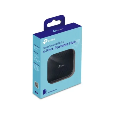 Empaque original del Hub portátil de 4 puertos TP-Link UH400 SuperSpeed USB 3.0, mostrando su diseño elegante y el sello de 1 año de garantía.