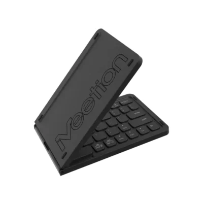 Teclado mini portátil Meetion BTK001 plegado mostrando su diseño ultradelgado, ligero e ideal para viajes.