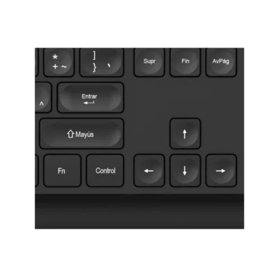 5 Vista frontal del teclado alámbrico Klip Xtreme Compass KKM-252S color negro con distribución en español sobre fondo blanco.