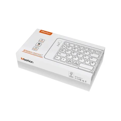Vista frontal del empaque del teclado plegable Bluetooth Meetion BTK001 color negro desplegado sobre fondo blanco.